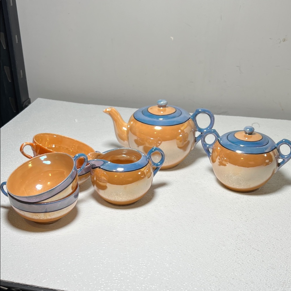 Vintage Japanese Lusterware Copper & Blue Covered Teapot & Creamer Set - Picture 1 of 16